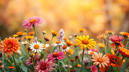  Artifical Intelligence generated vivid colorful floral landscape scenery. Floral background in nature on the mountains.  AI generated image