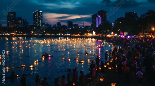 Tourists and locals alike gathering by the water to take part in the Loy Krathong Festival