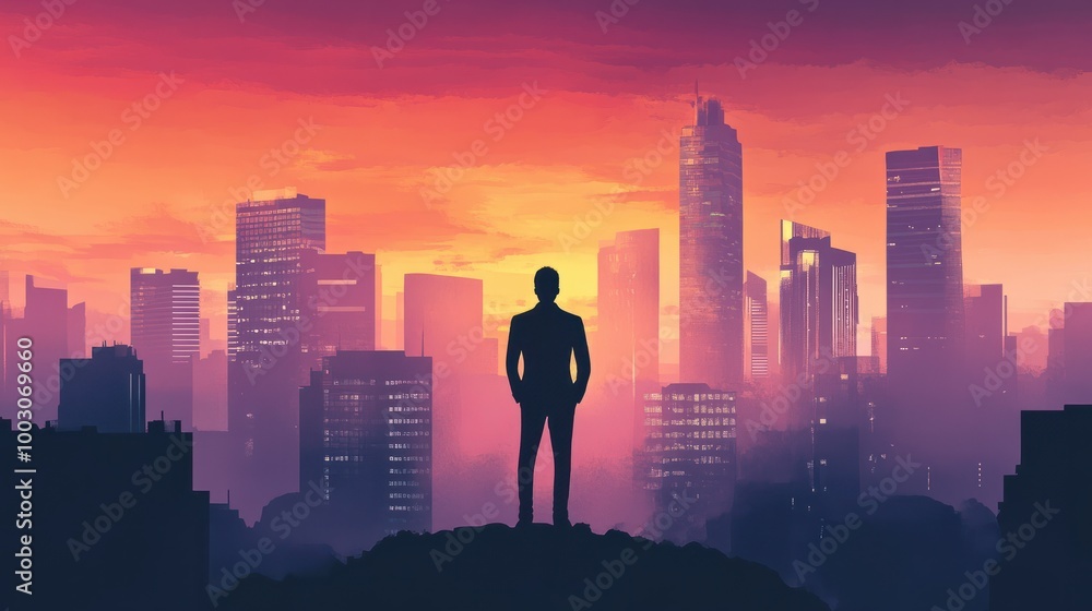 Silhouette of a man standing confidently in front of a city skyline, embodying strategic vision and leadership Silhouette of a man standing confidently in front of a city skyline, embodying strategic vision and leadership