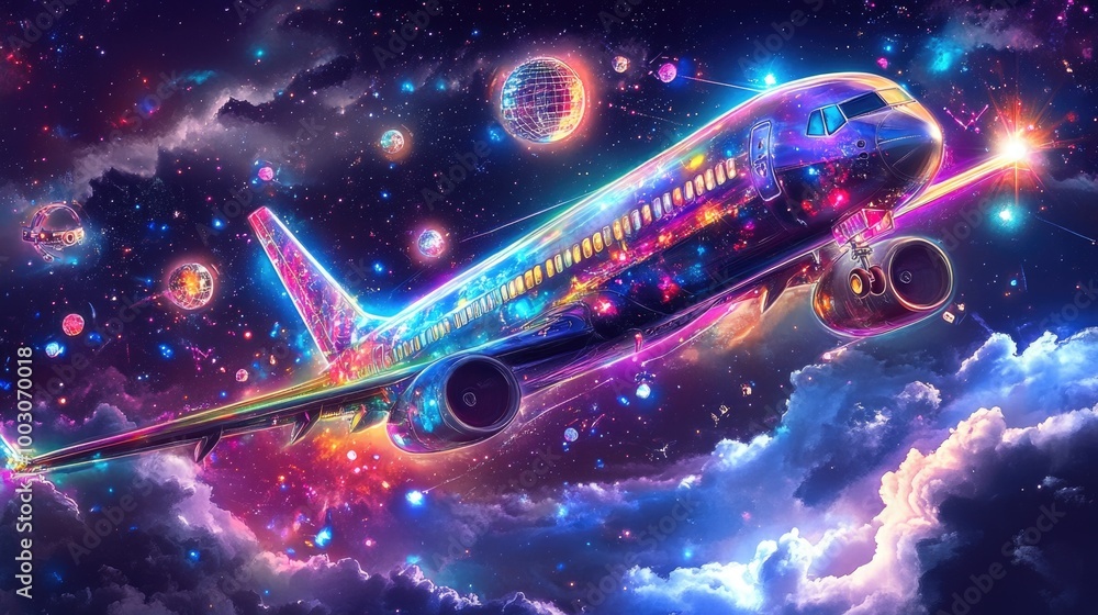 A futuristic plane glides through the starry sky, surrounded by glowing clouds and cosmic colors A futuristic plane glides through the starry sky, surrounded by glowing clouds and cosmic colors