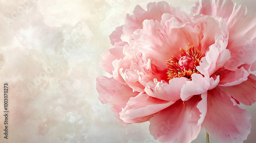 A beautiful pink peony blossom on a soft pastel background for postcards
