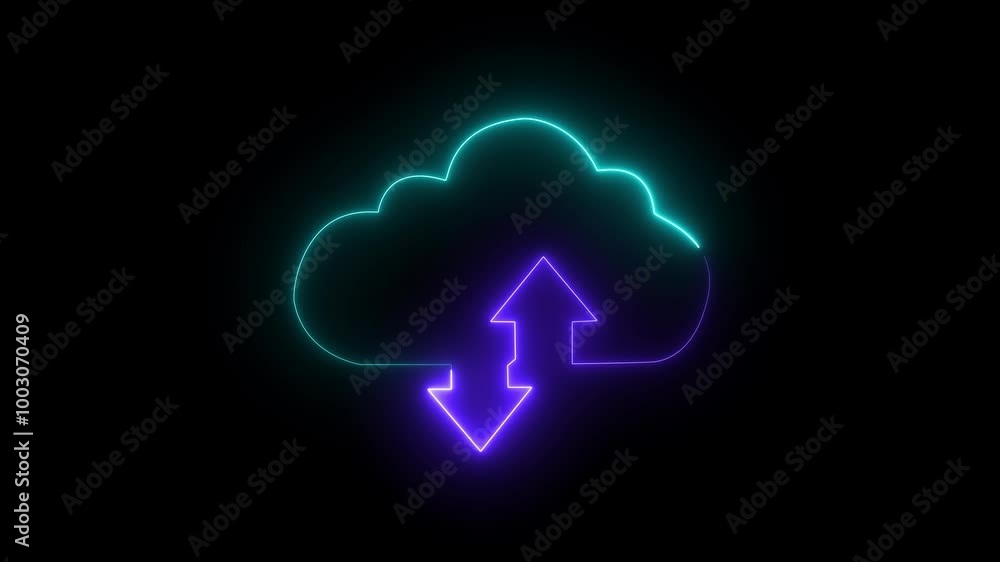 Neon digital cloud icon, data transfer animation. Glowing neon cloud storage with arrows, looped animation. Cloud space and technology, data backup, file repository, upload database icon isolated Neon digital cloud icon, data transfer animation. Glowing neon cloud storage with arrows, looped animation. Cloud space and technology, data backup, file repository, upload database icon isolated