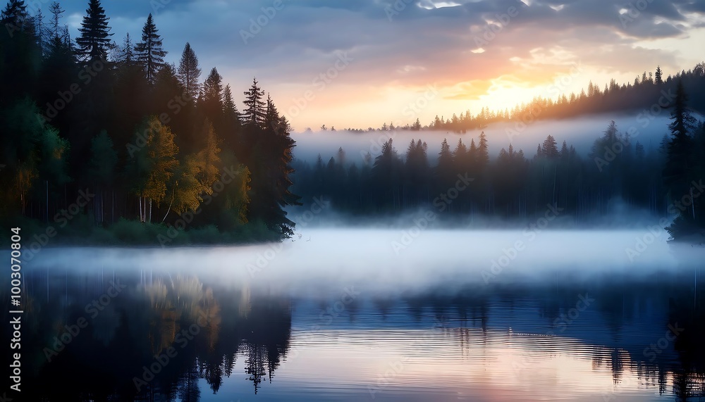 Tranquil forest lake at dusk with foggy waters and a stunning sunset backdrop illuminating the horizon in a serene landscape. Generative AI Tranquil forest lake at dusk with foggy waters and a stunning sunset backdrop illuminating the horizon in a serene landscape. Generative AI
