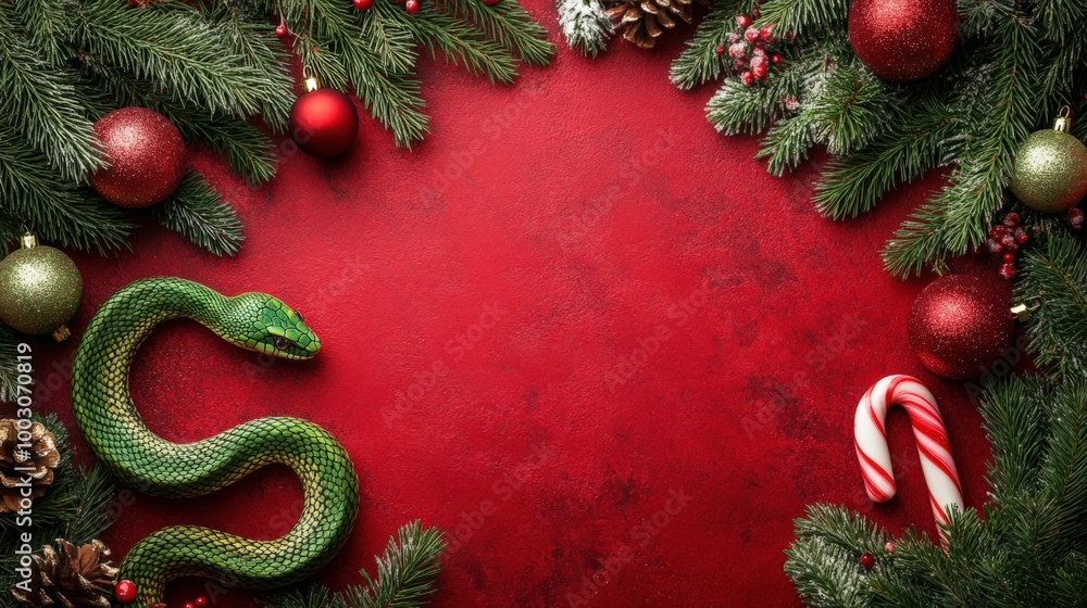 Festive Holiday Scene with Snake and Candy Cane Festive Holiday Scene with Snake and Candy Cane