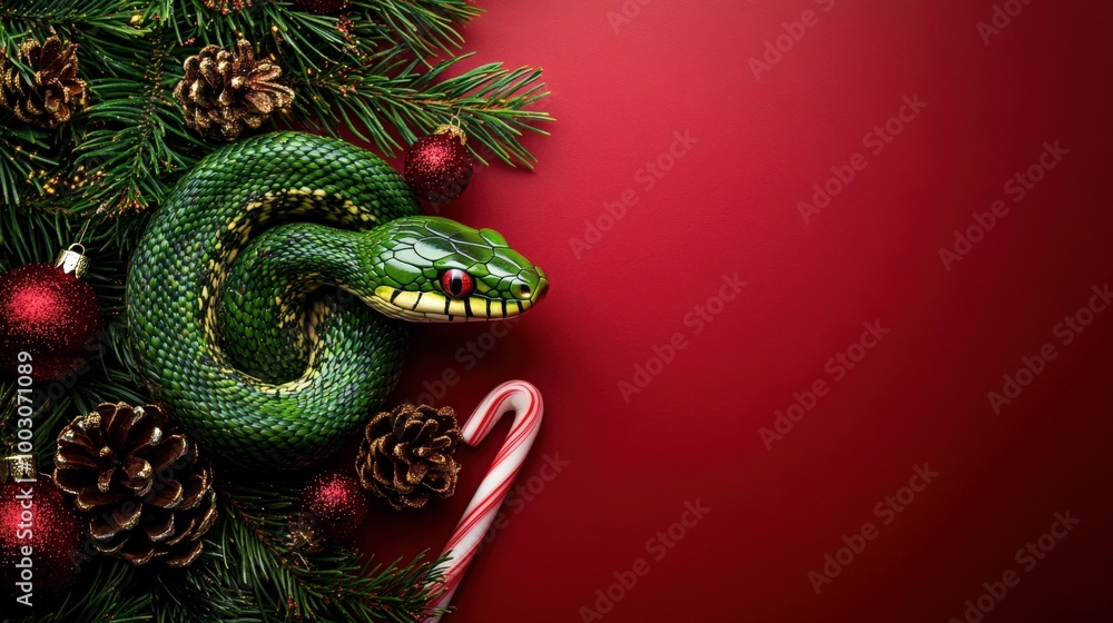 Festive Green Snake on Red Christmas Background Festive Green Snake on Red Christmas Background