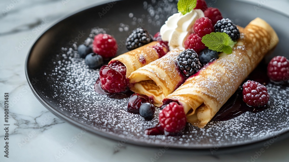 Crepes with mixed berries and vanilla cream, set on a modern white marble surface with a dramatic red-and-black contrast background Crepes with mixed berries and vanilla cream, set on a modern white marble surface with a dramatic red-and-black contrast background
