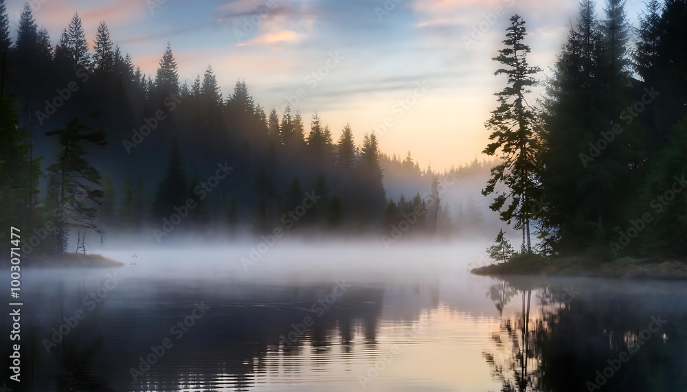 A tranquil forest lake at dusk, enveloped by mist with trees reflecting on the calm water, creating a peaceful and serene atmosphere in natures embrace. Generative AI A tranquil forest lake at dusk, enveloped by mist with trees reflecting on the calm water, creating a peaceful and serene atmosphere in natures embrace. Generative AI