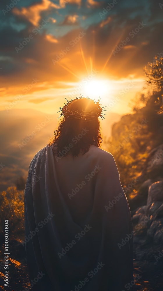 Jesus Christ with a crown of thorns on his head, seen from behind, looking at the sun in a mountainous landscape Jesus Christ with a crown of thorns on his head, seen from behind, looking at the sun in a mountainous landscape