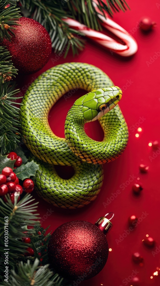 Festive Green Snake on Red Christmas Background Festive Green Snake on Red Christmas Background