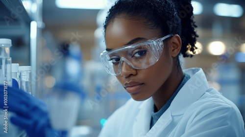 black pharmaceutical lab specialist analysing medicine vials & hospital patient samples