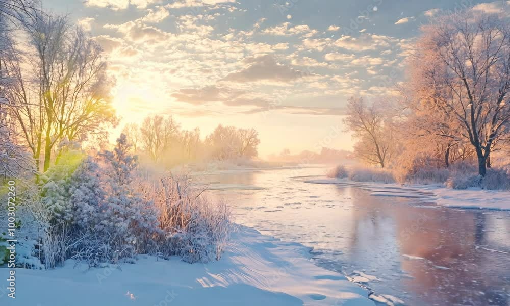 Winter river partially frozen, with snow-covered banks and a soft morning light casting a glow on the landscape. . Video Winter river partially frozen, with snow-covered banks and a soft morning light casting a glow on the landscape. . Video