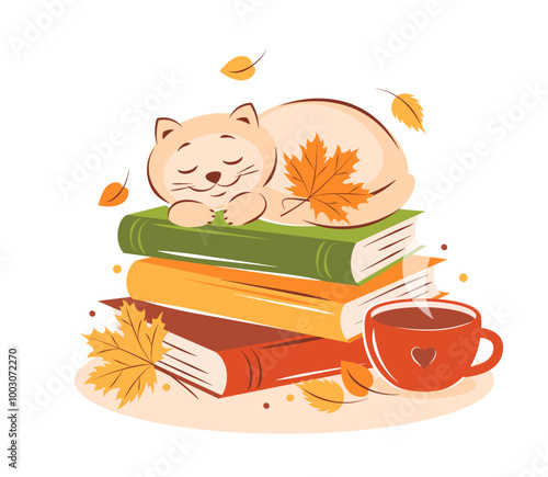 Books, cup coffee or tea, cute cat with autumn leaves. Vector illustration for bookshop, library, bookstore, card, cover.
