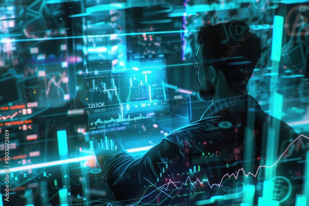 A person analyzing cryptocurrency fluctuation charts in a futuristic setting A person analyzing cryptocurrency fluctuation charts in a futuristic setting