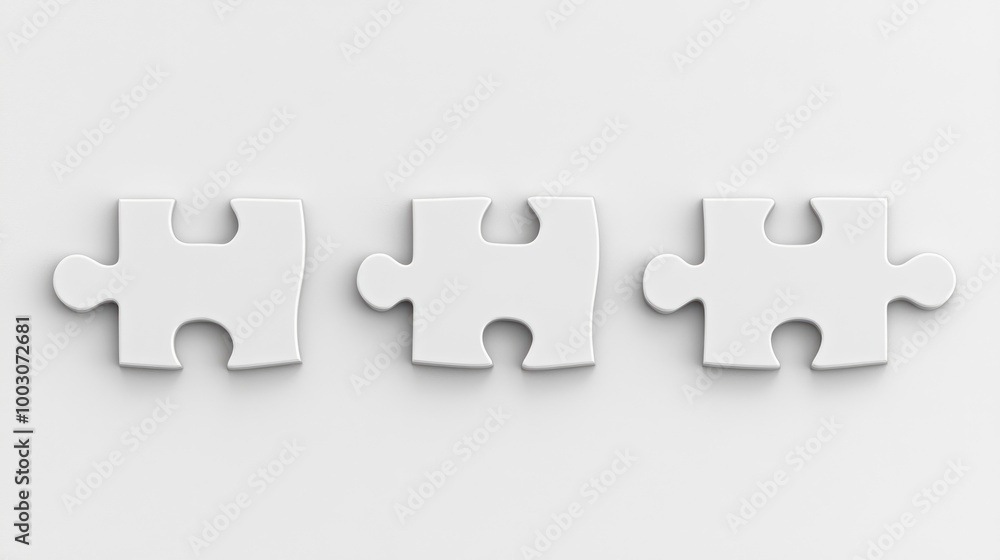 Obraz premium Three interlocking white puzzle pieces on a plain background, symbolizing connection and unity.