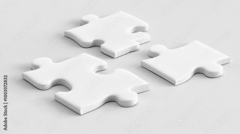 Obraz premium Three white puzzle pieces arranged on a light background, symbolizing problem-solving or creativity.