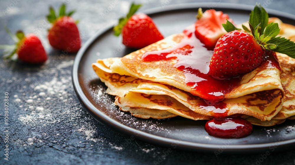 Delicate vanilla crepes with strawberry sauce, set against a modern industrial-style concrete background for contrast Delicate vanilla crepes with strawberry sauce, set against a modern industrial-style concrete background for contrast