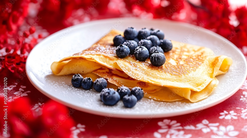 Lemon ricotta-filled crepes topped with blueberries, on a white plate, against a vibrant red floral backdrop Lemon ricotta-filled crepes topped with blueberries, on a white plate, against a vibrant red floral backdrop