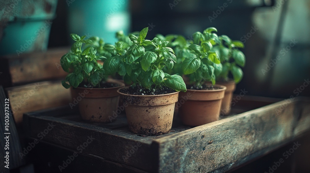 A rustic display of basil plants in terracotta pots on a wooden tray. A rustic display of basil plants in terracotta pots on a wooden tray.