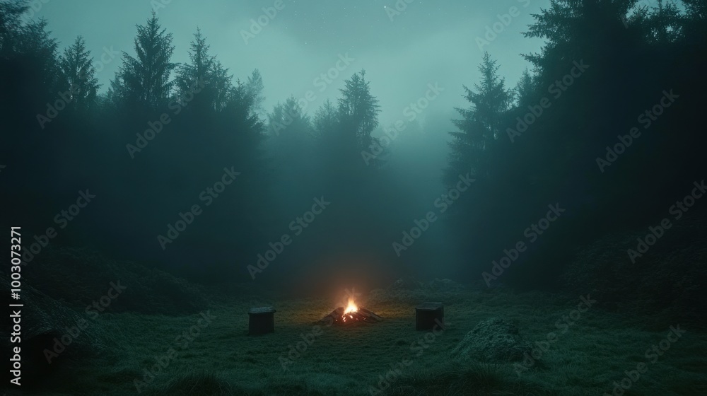 A serene campsite illuminated by a small fire surrounded by misty trees. A serene campsite illuminated by a small fire surrounded by misty trees.