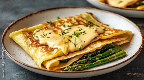 Savory crepes with asparagus and hollandaise sauce, placed on a white ceramic dish, against a contrasting metallic industrial background