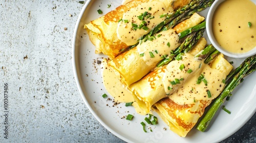 Savory crepes with asparagus and hollandaise sauce, placed on a white ceramic dish, against a contrasting metallic industrial background