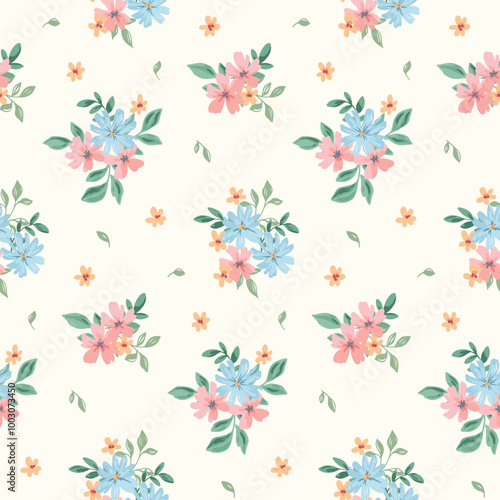 Seamless floral pattern, liberty ditsy print, abstract ornament in romantic country motif. Cute botanical design: small hand drawn florets, tiny leaves, simple bouquets. Romantic vector illustration.
