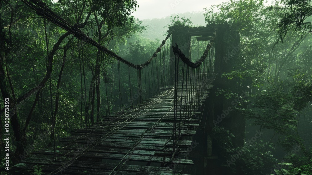 Old wooden bridge hangs in the jungle in Northern Guatemala. Old wooden bridge hangs in the jungle in Northern Guatemala.