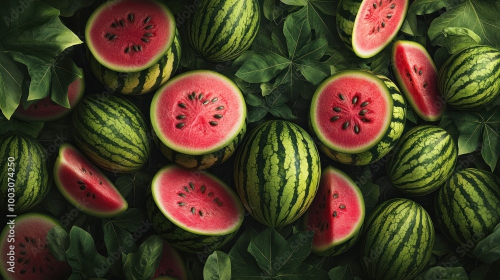 A vibrant arrangement of watermelons surrounded by lush green leaves. A vibrant arrangement of watermelons surrounded by lush green leaves.