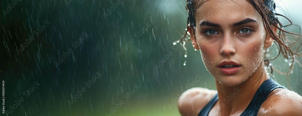 Obraz premium Athletic woman in sportswear running outdoors on a rainy day