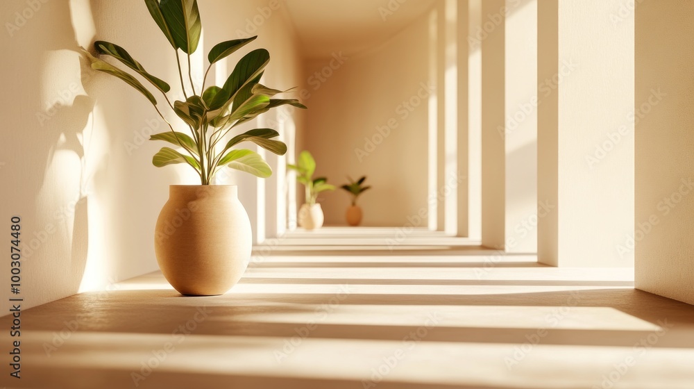 A serene interior space with potted plants casting soft shadows in warm light. A serene interior space with potted plants casting soft shadows in warm light.