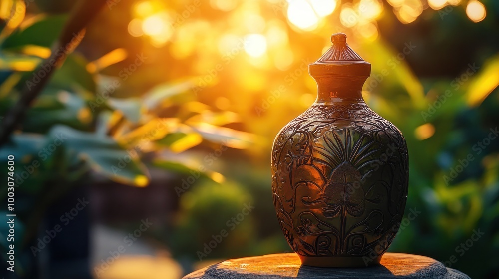 A decorative vase illuminated by warm sunlight, set against a lush green background. A decorative vase illuminated by warm sunlight, set against a lush green background.