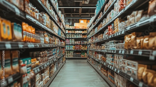 Supermarket aisle with shelves stocked with goods.