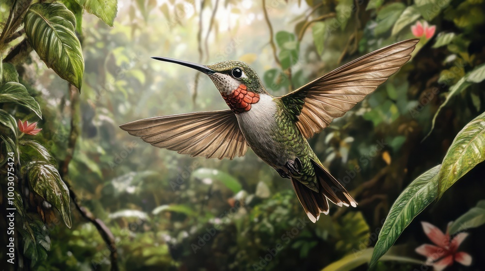 Fototapeta premium A hummingbird in flight looking for nectar in the jungle.