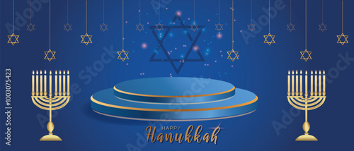 Happy Hanukkah Round Podium Stage. with Golden Inscription and Star of David Candle Holder with Burning Candles Hanukkah Celebration Candelabra Traditional Israel Decoration Vector Illustration