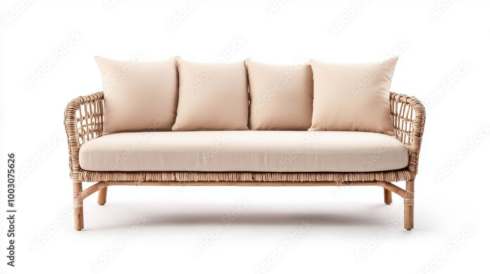 A stylish wicker sofa with soft cushions, perfect for enhancing modern living spaces and providing elegant comfort. A stylish wicker sofa with soft cushions, perfect for enhancing modern living spaces and providing elegant comfort.