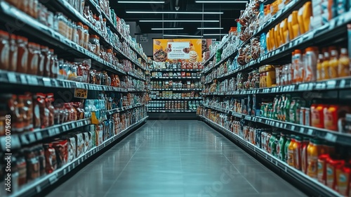 Empty grocery store aisle with shelves stocked full of products.