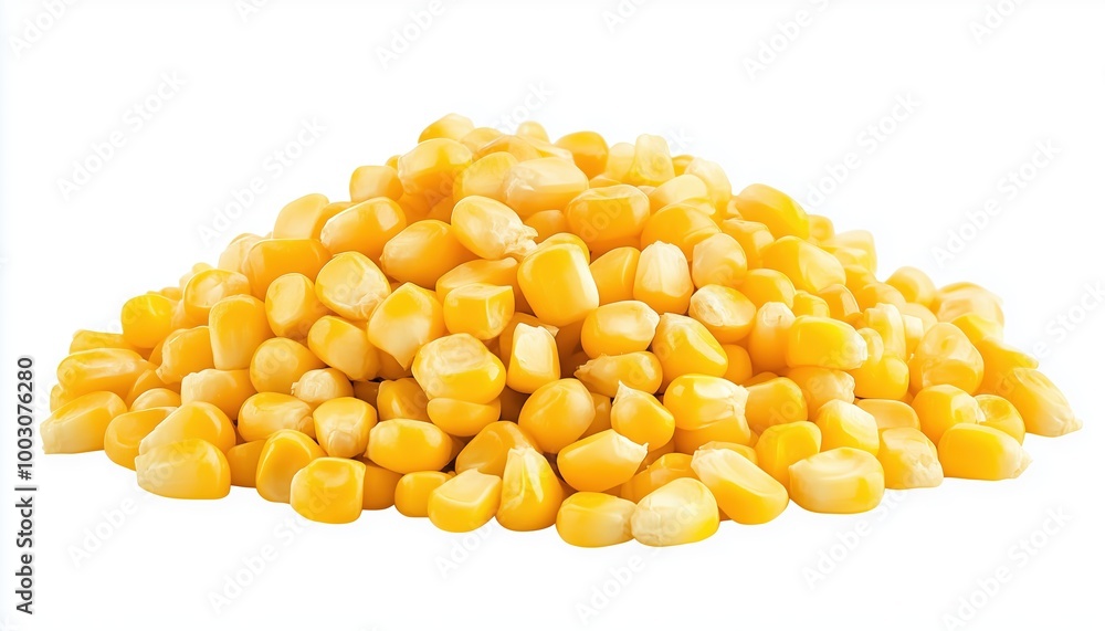 A vibrant heap of freshly harvested corn kernels set against a clean white backdrop A vibrant heap of freshly harvested corn kernels set against a clean white backdrop