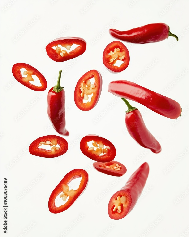 Vibrant red chili peppers sliced and scattered in an artistic arrangement Vibrant red chili peppers sliced and scattered in an artistic arrangement