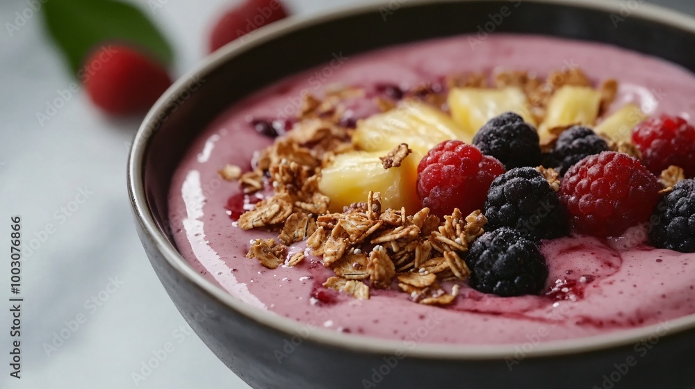 Pineapple and berry smoothie bowl topped with granola, displayed on a clean white surface with a contrasting black backdrop Pineapple and berry smoothie bowl topped with granola, displayed on a clean white surface with a contrasting black backdrop