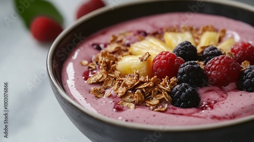 Pineapple and berry smoothie bowl topped with granola, displayed on a clean white surface with a contrasting black backdrop