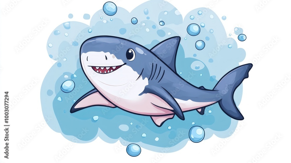 Cartoon illustration of a happy shark swimming with bubbles in the ocean. Cartoon illustration of a happy shark swimming with bubbles in the ocean.
