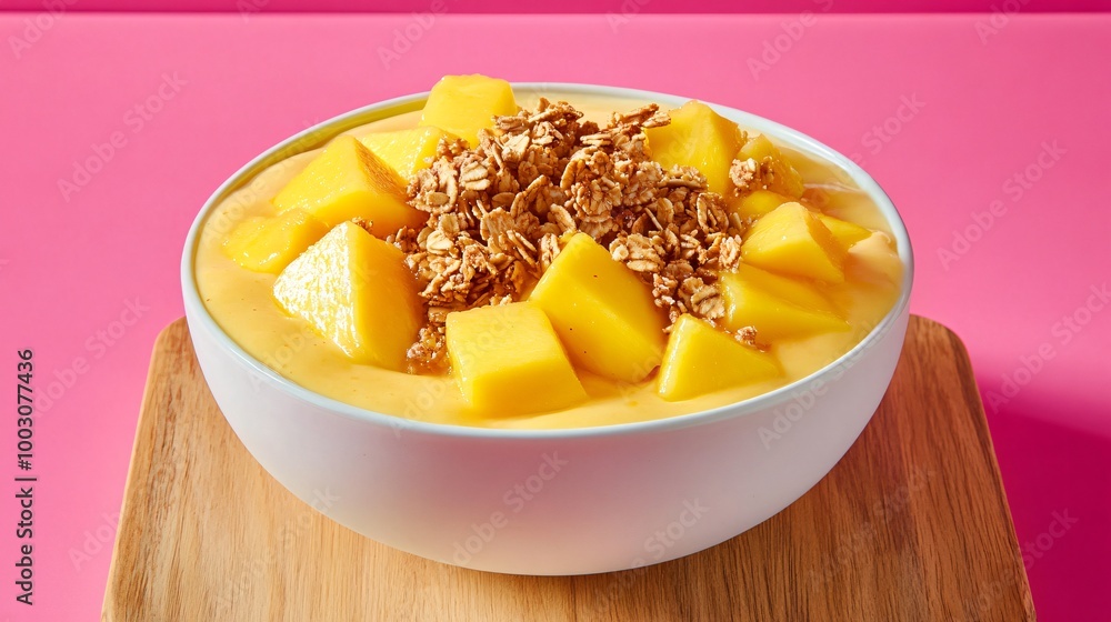 Pineapple and mango smoothie bowl with granola, placed on a wooden cutting board against a neon pink background Pineapple and mango smoothie bowl with granola, placed on a wooden cutting board against a neon pink background