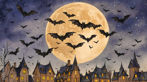 Spooky Halloween town houses with a full moon and bats. AI-generated drawing and watercolor in shades of orange, blue, and black. photo