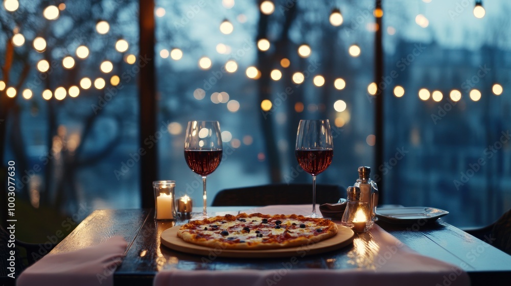A romantic dinner setting with pizza and wine, illuminated by warm string lights. A romantic dinner setting with pizza and wine, illuminated by warm string lights.
