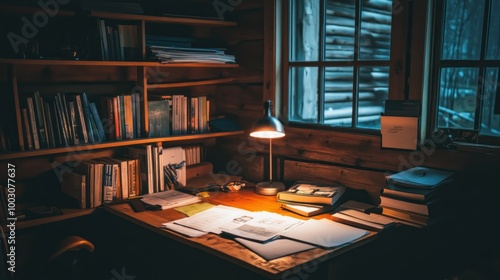 A cozy study space with a warm lamp, books, and scattered papers, ideal for focused work.