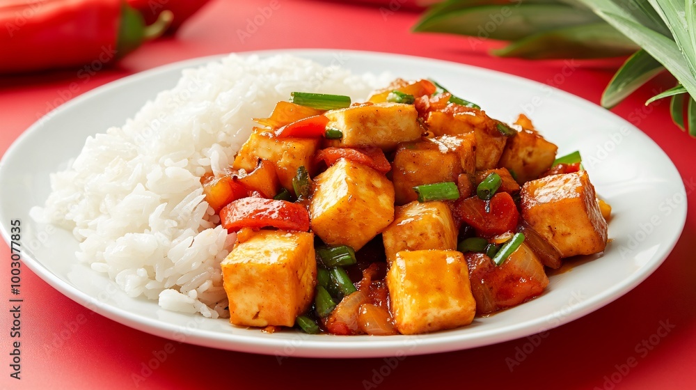 Pineapple and tofu stir-fry with jasmine rice, placed on a white porcelain plate with a vibrant red background Pineapple and tofu stir-fry with jasmine rice, placed on a white porcelain plate with a vibrant red background