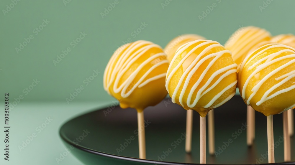 Pineapple cake pops with caramel drizzle, on a sleek black plate against a soft pastel green background Pineapple cake pops with caramel drizzle, on a sleek black plate against a soft pastel green background
