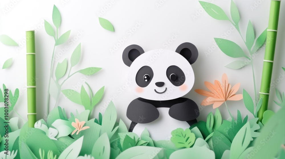 A playful paper-crafted panda surrounded by vibrant foliage and bamboo. A playful paper-crafted panda surrounded by vibrant foliage and bamboo.