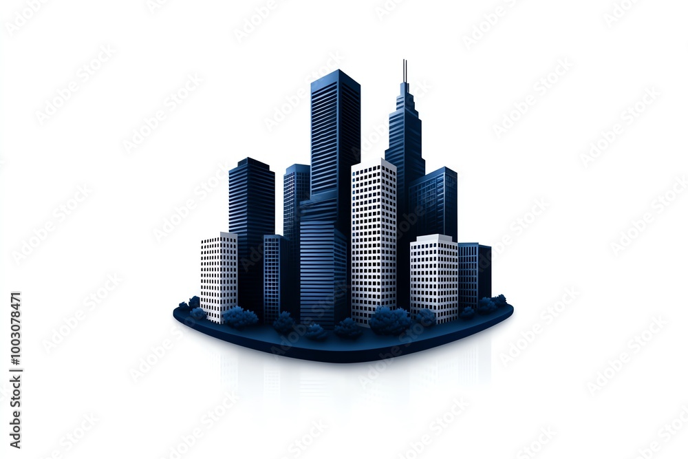 Fototapeta premium Minimalist urban skyline icon, featuring simple geometric shapes representing towering skyscrapers against a clean backdrop