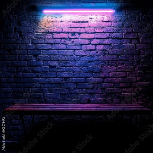 Purple neon light on a brick wall. 3d rendering. photo